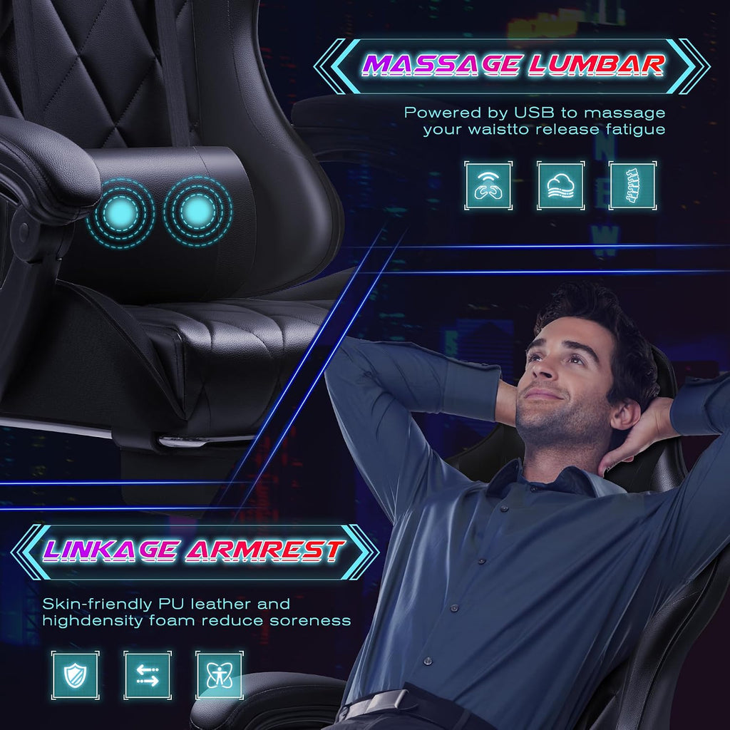 Shahoo Gaming Chair with Footrest and Massage Lumbar Support, Computer Game Chairs Ergonomic Office Seat Height Adjustable with Headrest, Black