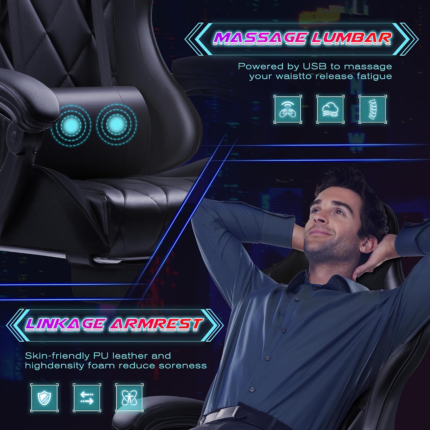 Shahoo Gaming Chair with Footrest and Massage Lumbar Support, Computer Game Chairs Ergonomic Office Seat Height Adjustable with Headrest, Black