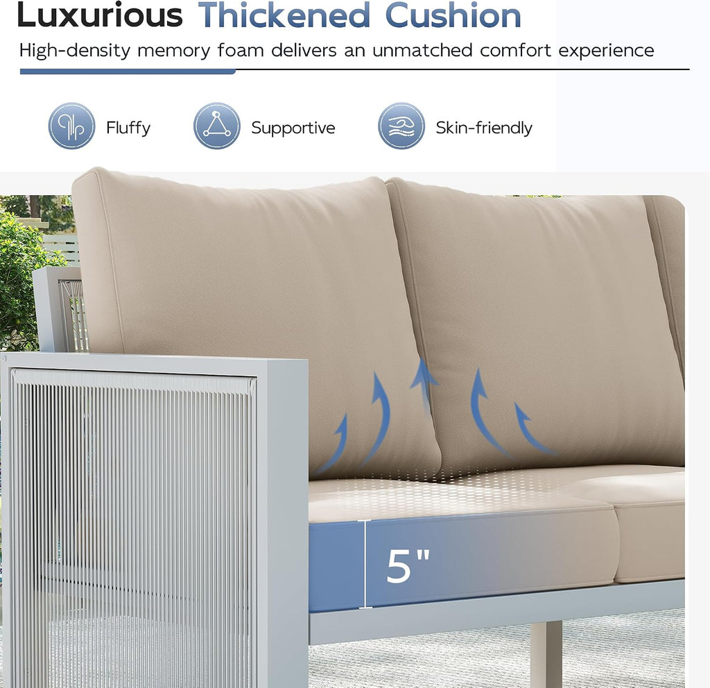 Amopatio Aluminum Patio Furniture Set with Ottoman, 5 Piece Modern Aluminum Outdoor Furniture, with 5' Beige Thickend Cushions, for Garden, Porch, Balcony, Light Grey Frame