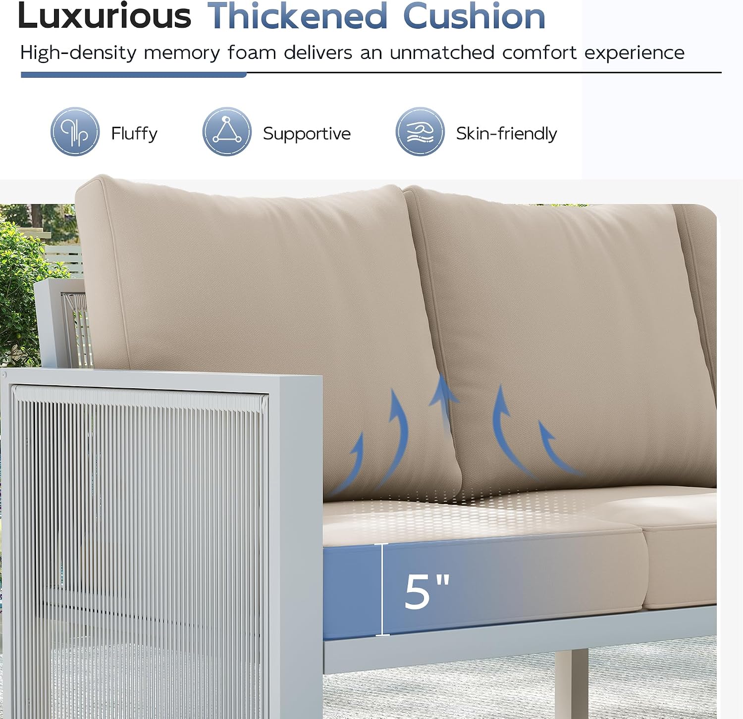 Amopatio Aluminum Patio Furniture Set with Ottoman, 5 Piece Modern Aluminum Outdoor Furniture, with 5' Beige Thickend Cushions, for Garden, Porch, Balcony, Light Grey Frame