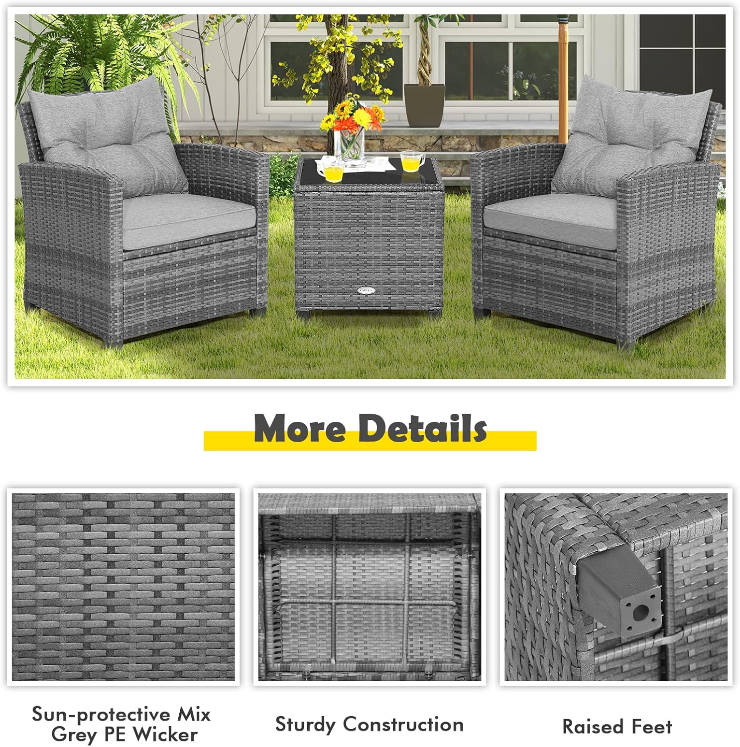 COSTWAY 3-Piece Patio Furniture Set, Outdoor Wicker Rattan Sofa with Cushions, Coffee Table with Tempered Glass, Conversation Sofa Set for Poolside Backyard Balcony (Grey)