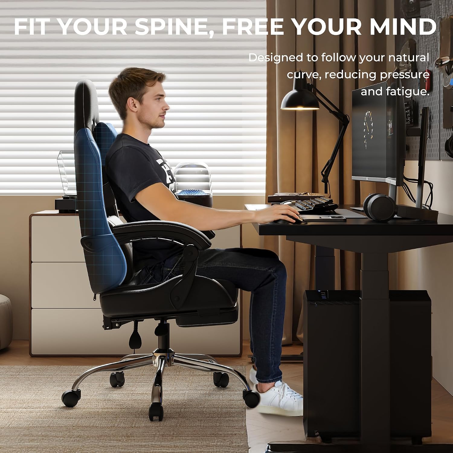 Ergonomic Gaming Chair with Footrest, Heavy Duty 330lbs Office Chair, Massage Lumbar Support, Adjustable Height & Headrest Pillow, Comfortable for Back Pain Relief, Streaming, Long Gaming, Black