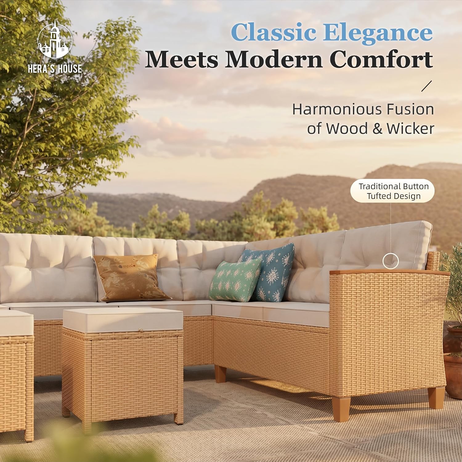 HERA'S HOUSE Small Patio Furniture Set, 6 Piece Wicker Outdoor Patio Conversation Set, Outside L-Shaped Sectional Sofa Couch with Chaise Lounge and 2 Ottomans for Porch Balcony Deck