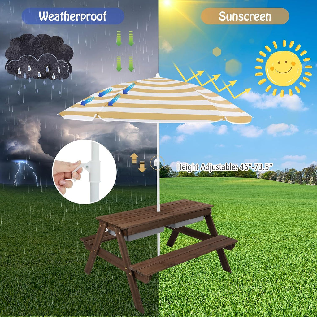 HONEY JOY Kids Picnic Table, 4 in 1 Cedar Wooden Sand & Water Table w/ 3 Removable Box & Umbrella, Kids Picnic Tables for Outdoors Backyard Garden, Toddler Patio Furniture Set for Boys Girls(Walnut)