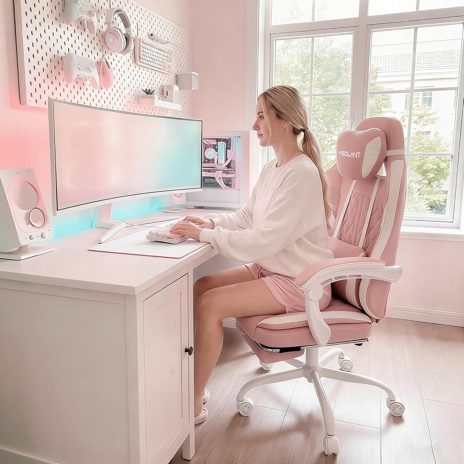 Misolant Gaming Chair, Fabric Gamer Chair with footrest for Adults, High Back Ergonomic Computer Game Chair with Adjustable Headrest and Massage Lumbar Support, 90-155° Recline Free, Pink