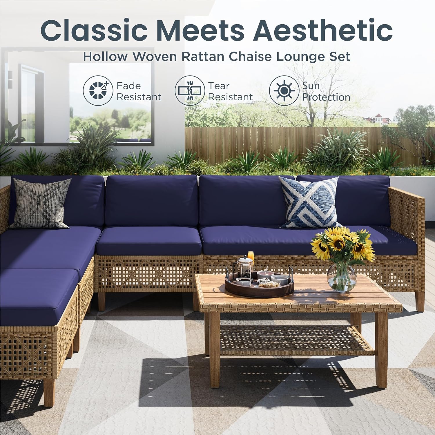 PHI VILLA Wicker Patio Furniture Set, Outdoor Sectional Couch with Cushions and Acacia Wood Coffee Table, U-Shaped Patio Conversation Set for Deck or Porch, 6 Seats, Navy Blue