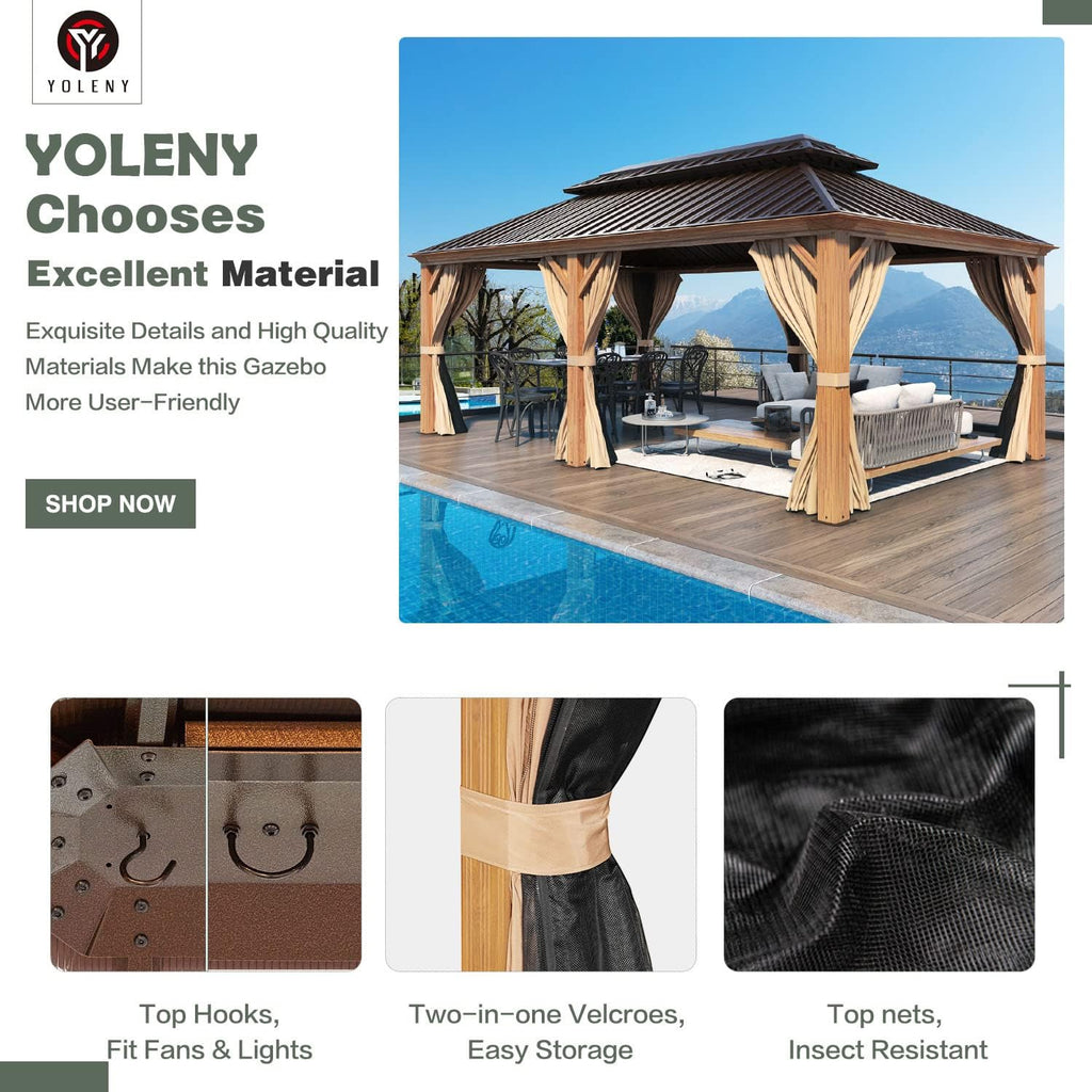 YOLENY 12' x 20' Hardtop Gazebo Wood Grain Pergola with Galvanized Steel Double Roof, Aluminum Frame, Outdoor Patio Gazebo with Netting and Curtains for Deck, Backyard, Patio and Lawns