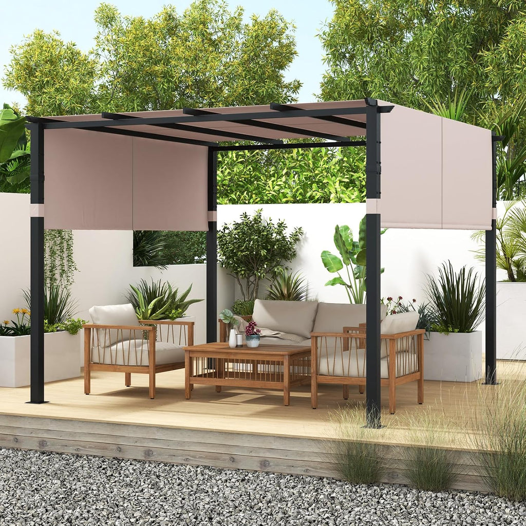 Tangkula 10x10 Ft Pergola With 2-Piece Retractable Sun Shade Canopy, Extra Large Patio Shelter Pavilion for Deck, Porch, Garden, Yard (Beige)