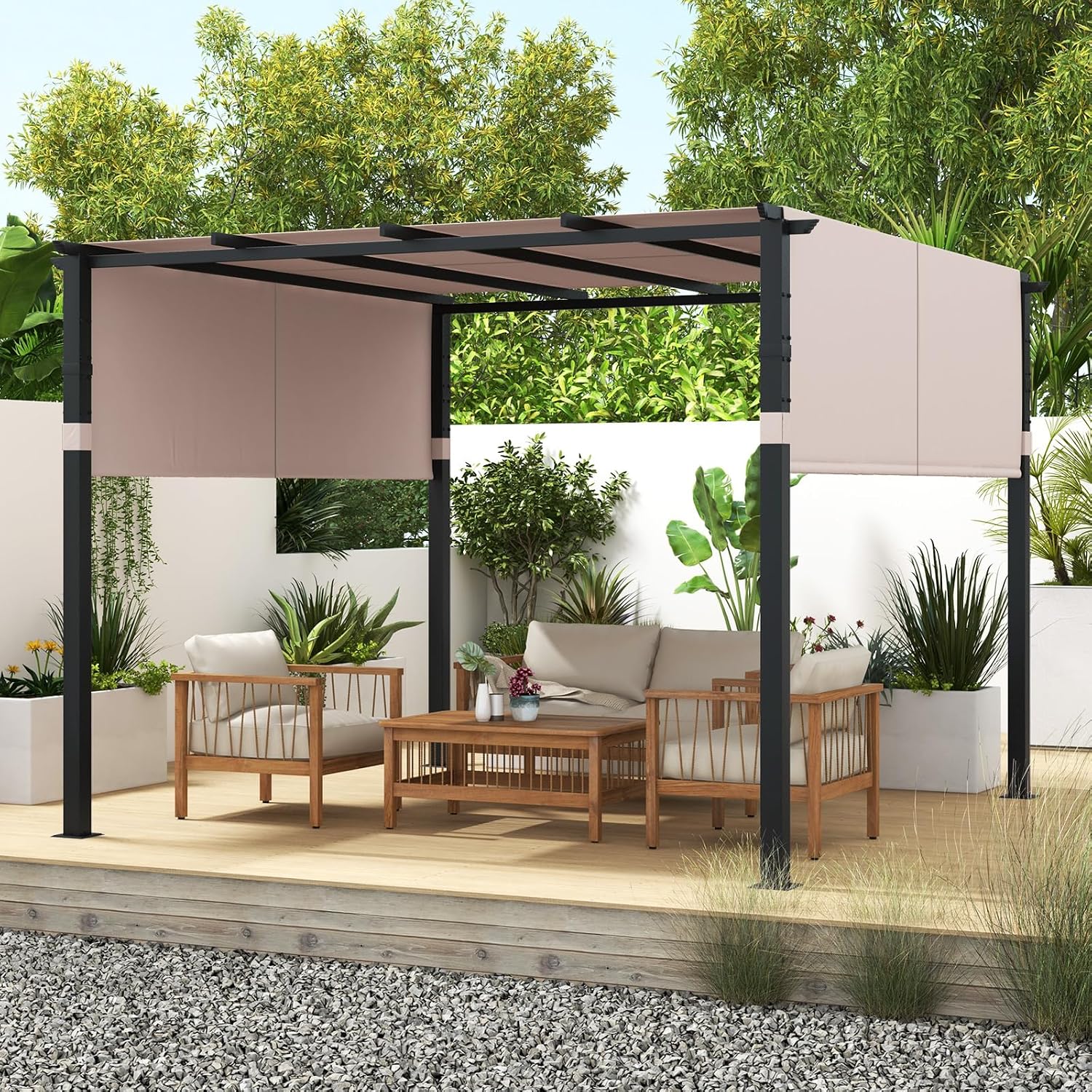 Tangkula 10x10 Ft Pergola With 2-Piece Retractable Sun Shade Canopy, Extra Large Patio Shelter Pavilion for Deck, Porch, Garden, Yard (Beige)