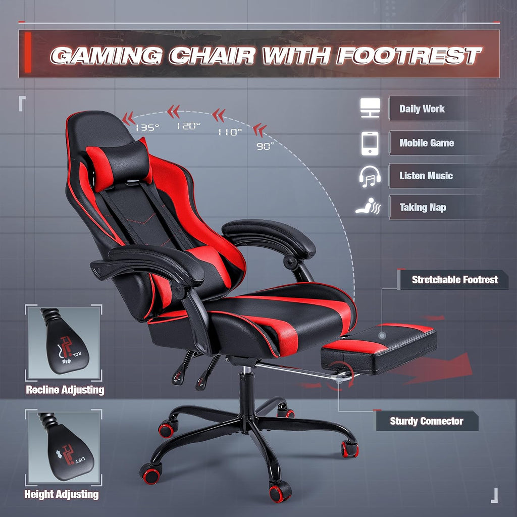 Furmax Gaming Chair, Video Game Chair with Footrest and Massage Lumbar Support, Swivel Seat Height Adjustable Computer Chair with Headrest, Racing E-Sport Gamer Chair (Red)