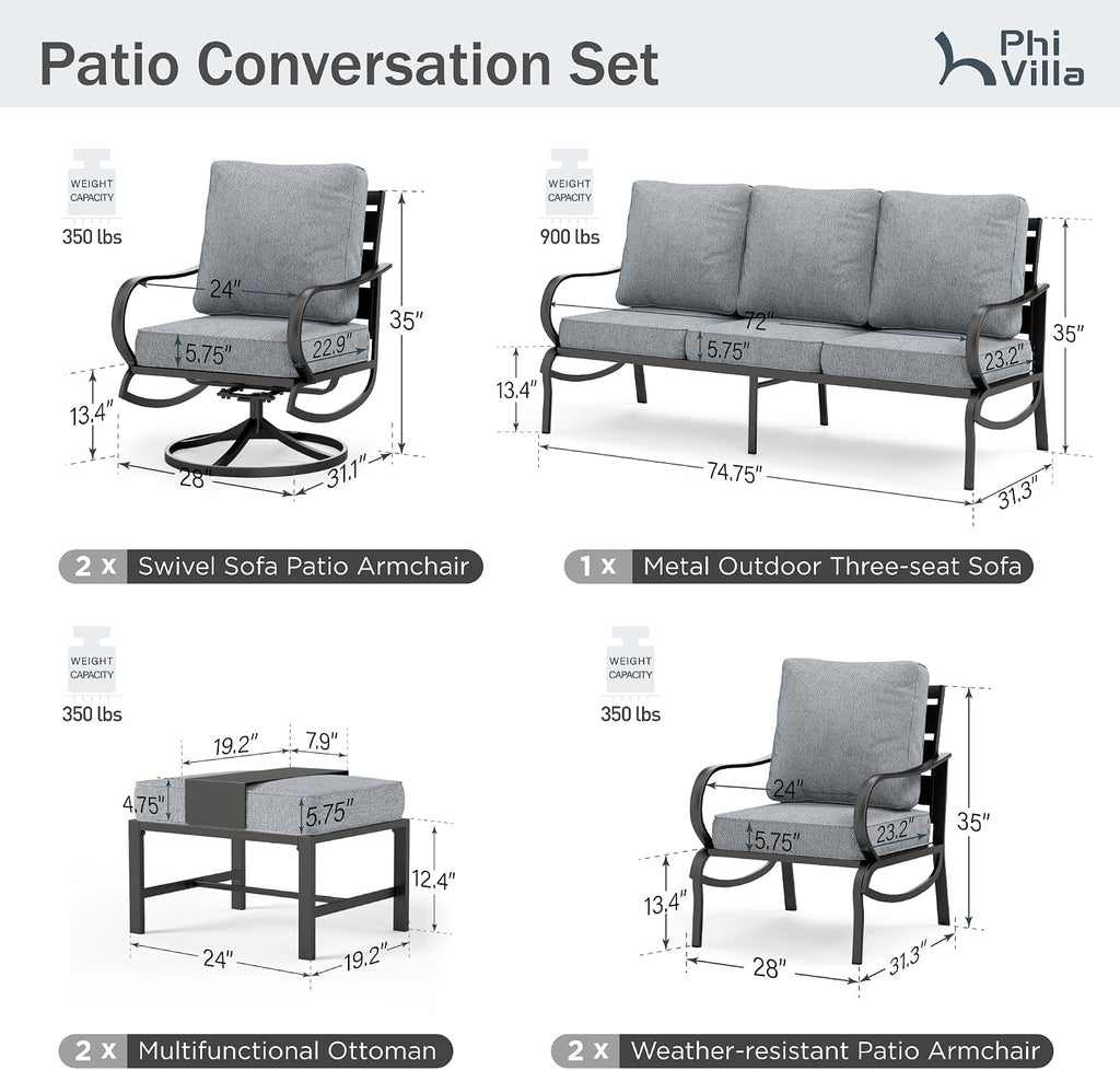 PHI VILLA 7 PCS Patio Furniture Set,Metal Outdoor Furniture with 1x 3 Seater Cushioned Deep Seating Bench Sofa, 2 Swivel Chair, 2 x Leg Chairs & 2 Ottoman for 7 Person, Grey