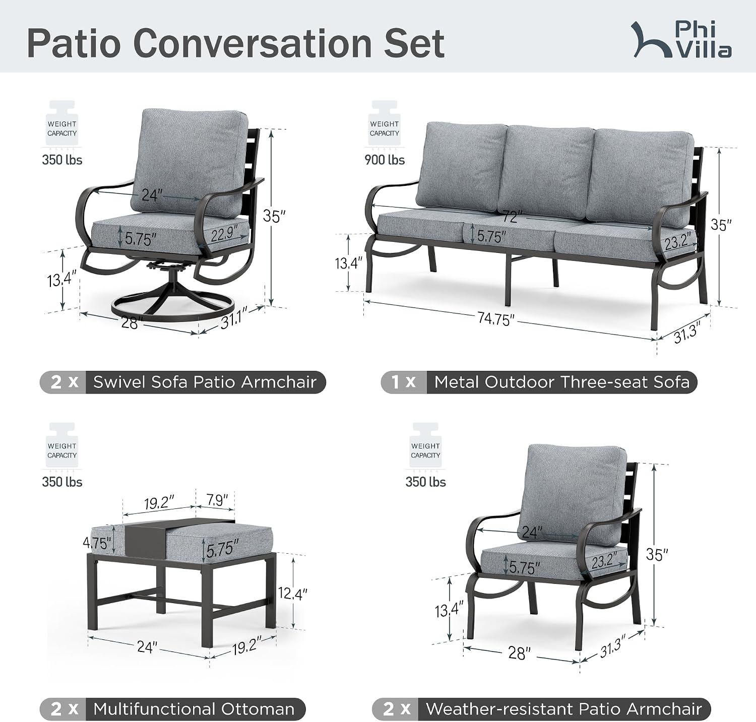 PHI VILLA 7 PCS Patio Furniture Set,Metal Outdoor Furniture with 1x 3 Seater Cushioned Deep Seating Bench Sofa, 2 Swivel Chair, 2 x Leg Chairs & 2 Ottoman for 7 Person, Grey