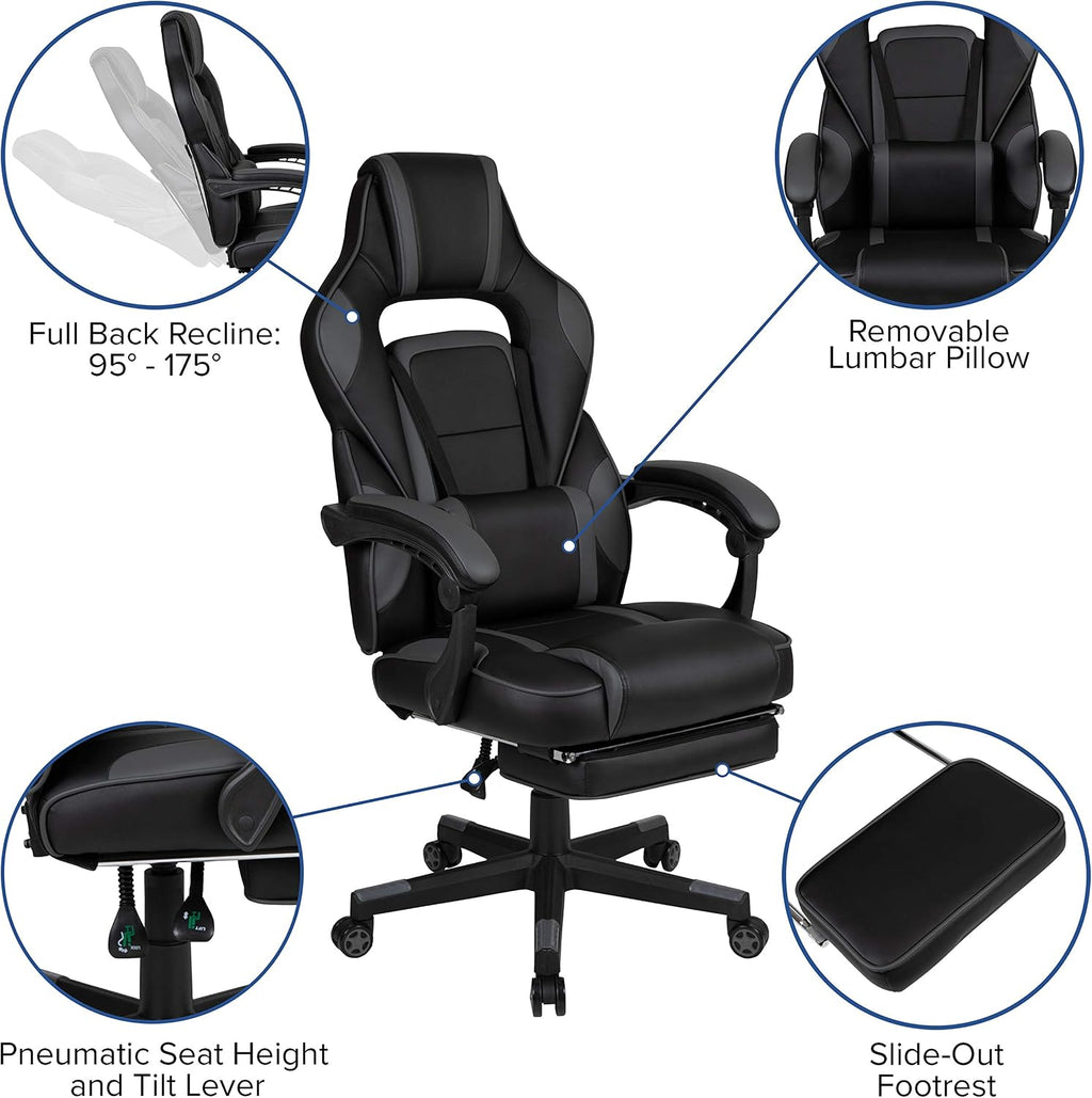 EMMA + OLIVER Black/Gray Ergonomic Gaming Chair -Recline Back/Arms, Footrest, Massaging Lumbar