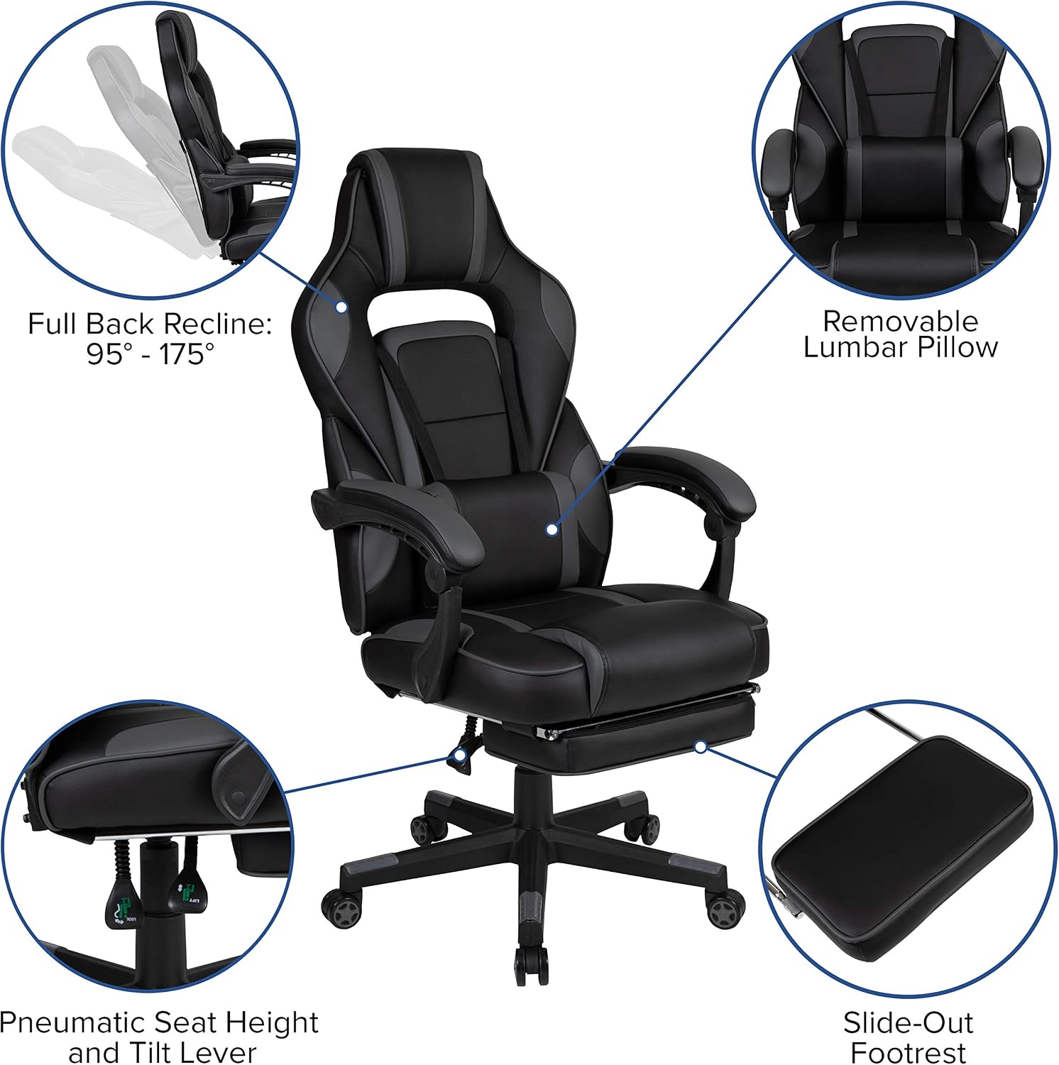 EMMA + OLIVER Black/Gray Ergonomic Gaming Chair -Recline Back/Arms, Footrest, Massaging Lumbar