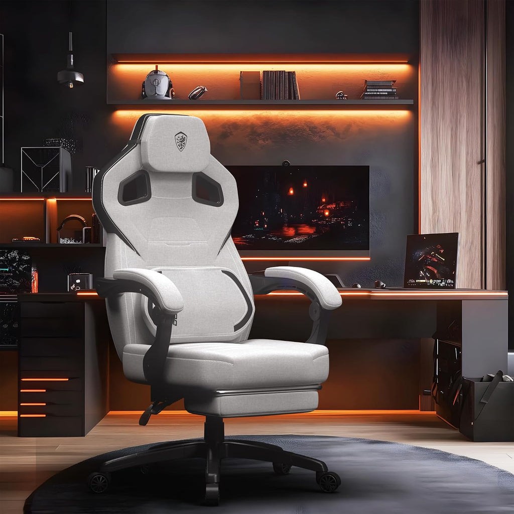 Dowinx Fabric Gaming Chair with Footrest, Big and Tall Gamer Chair with Lumbar Support, Wide Back Computer Chair for Heavy People, Grey