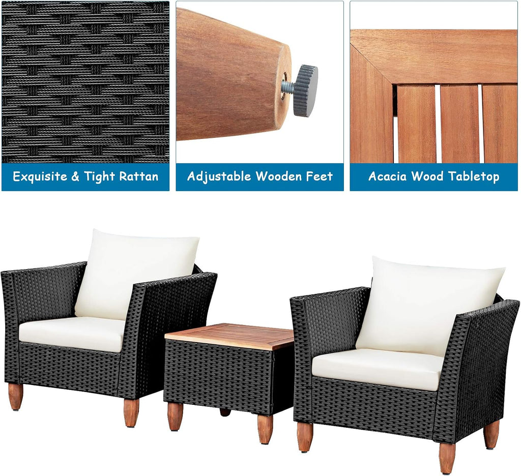 Tangkula 3 Piece Patio Furniture Set, Patiojoy Outdoor Wicker Rattan Bistro Sofa Set w/Washable Cushion, Acacia Wood Top Coffee Table, Conversation Set for Balcony Backyard Porch (White)