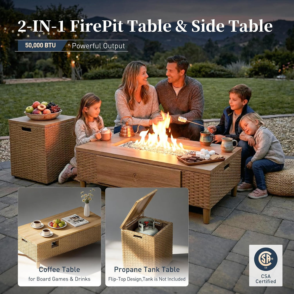SUNSHINE VALLEY Patio Furniture Set, Wicker Outdoor Furniture Sectional Sofa with Fire Pit Table, 7 Seats Patio Conversation Set with 5.5' Thick Cushion for Garden Deck Backyard, Beige