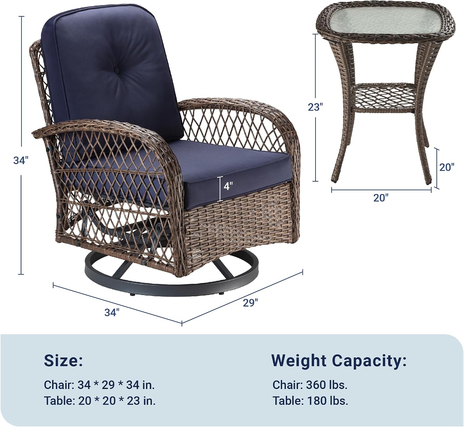 Allewie Patio Furniture Set, 3 Piece Wicker Patio Bistro Set Swivel Rocking Chairs Set of 2 with Coffee Table Outdoor Rattan Conversation Chairs for Porch Backyard Poolside, Blue