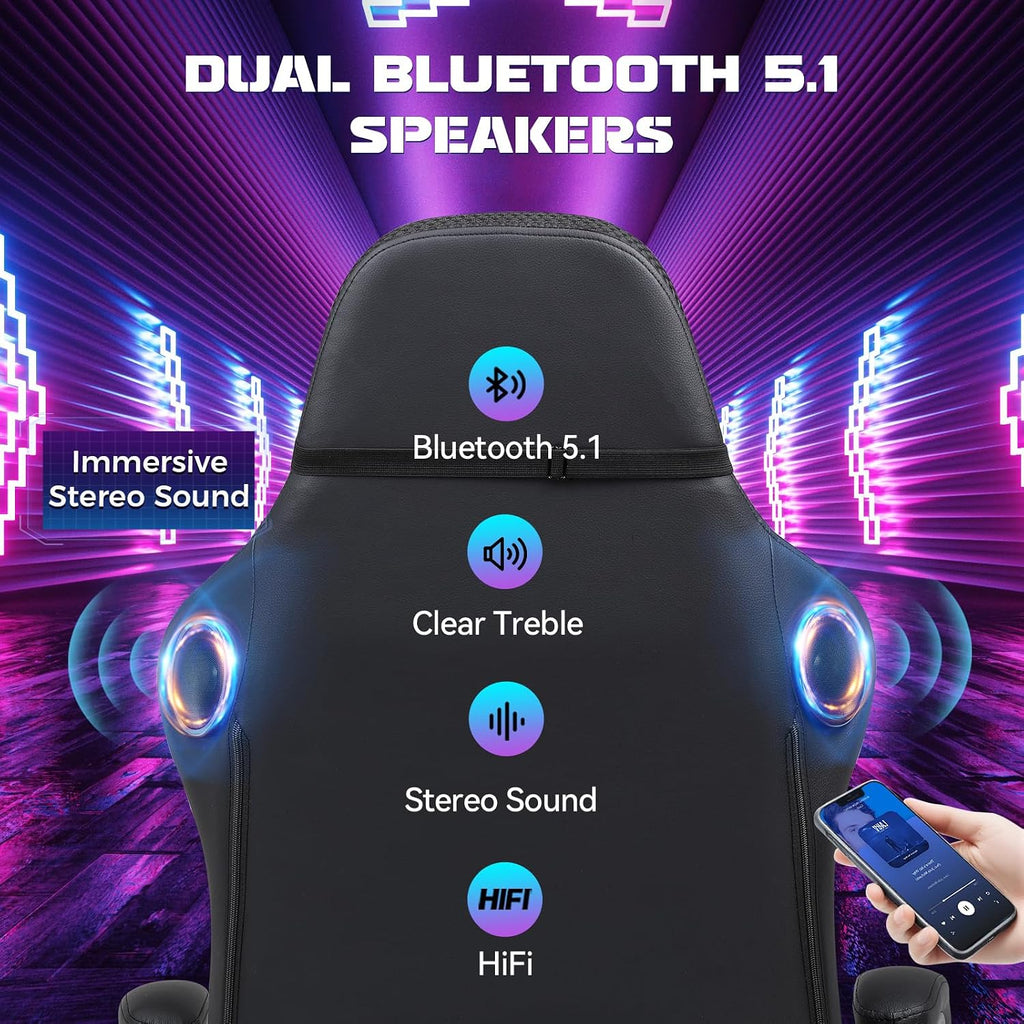 GTPLAYER RGB Gaming Chair with Speakers, Computer Gamer Chair with Footrest and LED Lights, PC Gamer Chairs for Adults, High Back Reclining Office Chairs, Linkage Armrest (Black, with Speakers)