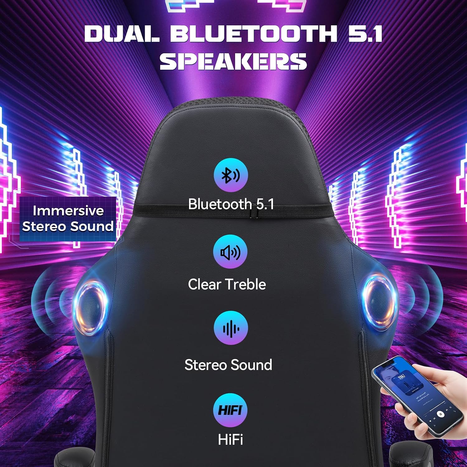 GTPLAYER RGB Gaming Chair with Speakers, Computer Gamer Chair with Footrest and LED Lights, PC Gamer Chairs for Adults, High Back Reclining Office Chairs, Linkage Armrest (Black, with Speakers)