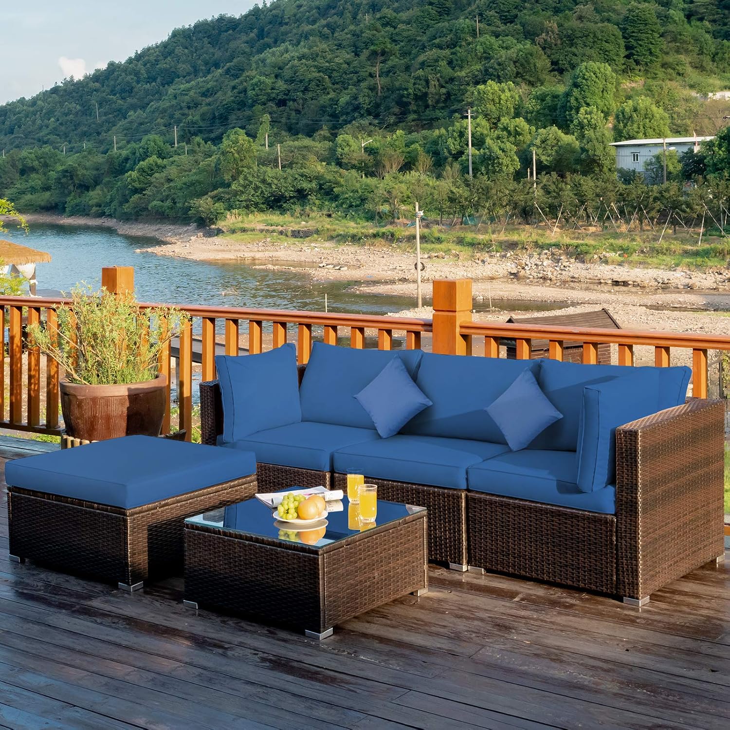 COSTWAY 5-Piece Outdoor Patio Furniture Set, Glass Top Coffee Table and Lounge Sofa with Cushions, PE Rattan Conversation Set for Garden, Deck, Backyard (Navy)