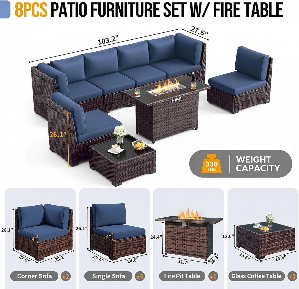 Outdoor Patio Furniture Set with 44' Fire Pit Table 8 Pieces Rattan Patio Sectional Sofa Conversation Set w/55000 BTU Propane Gas Fire Pit, Coffee Table, 2 Waterproof Covers, Blue