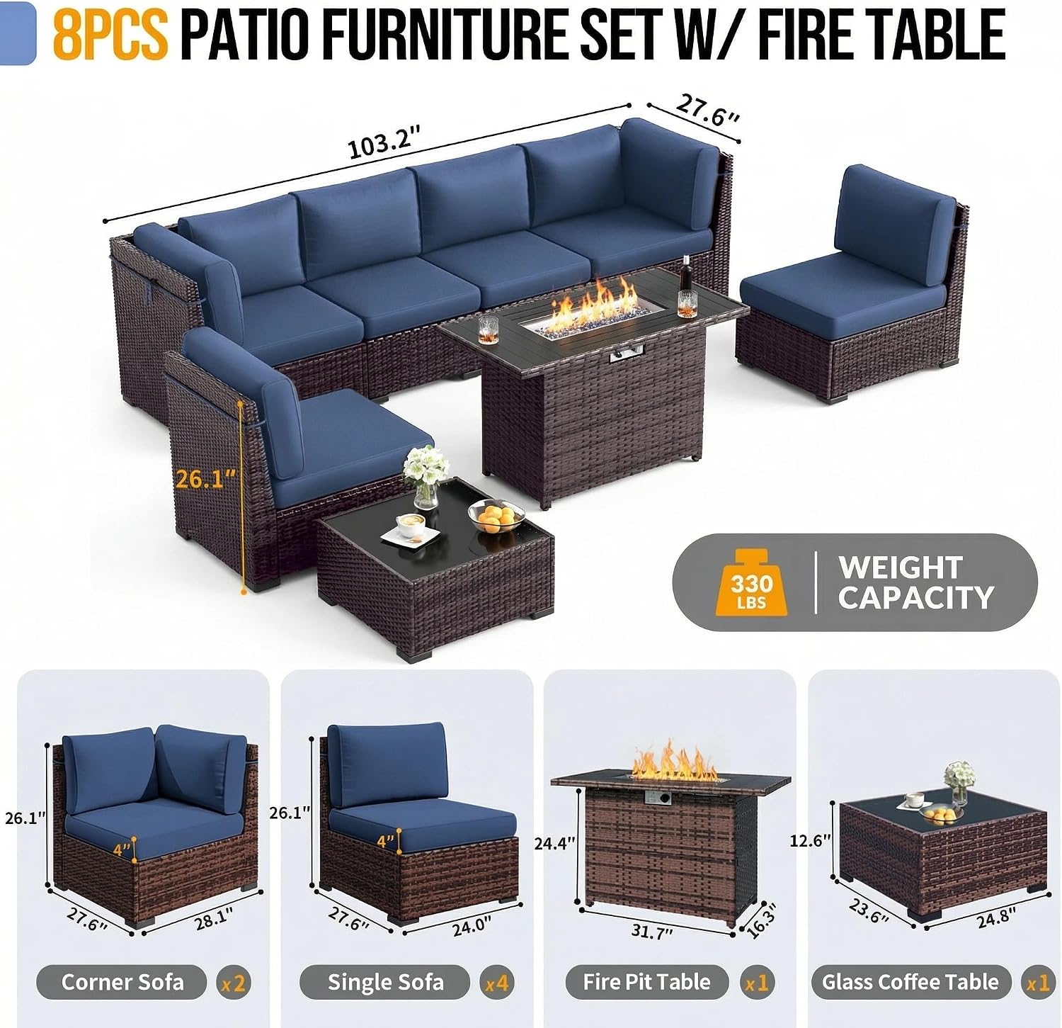 Outdoor Patio Furniture Set with 44' Fire Pit Table 8 Pieces Rattan Patio Sectional Sofa Conversation Set w/55000 BTU Propane Gas Fire Pit, Coffee Table, 2 Waterproof Covers, Blue