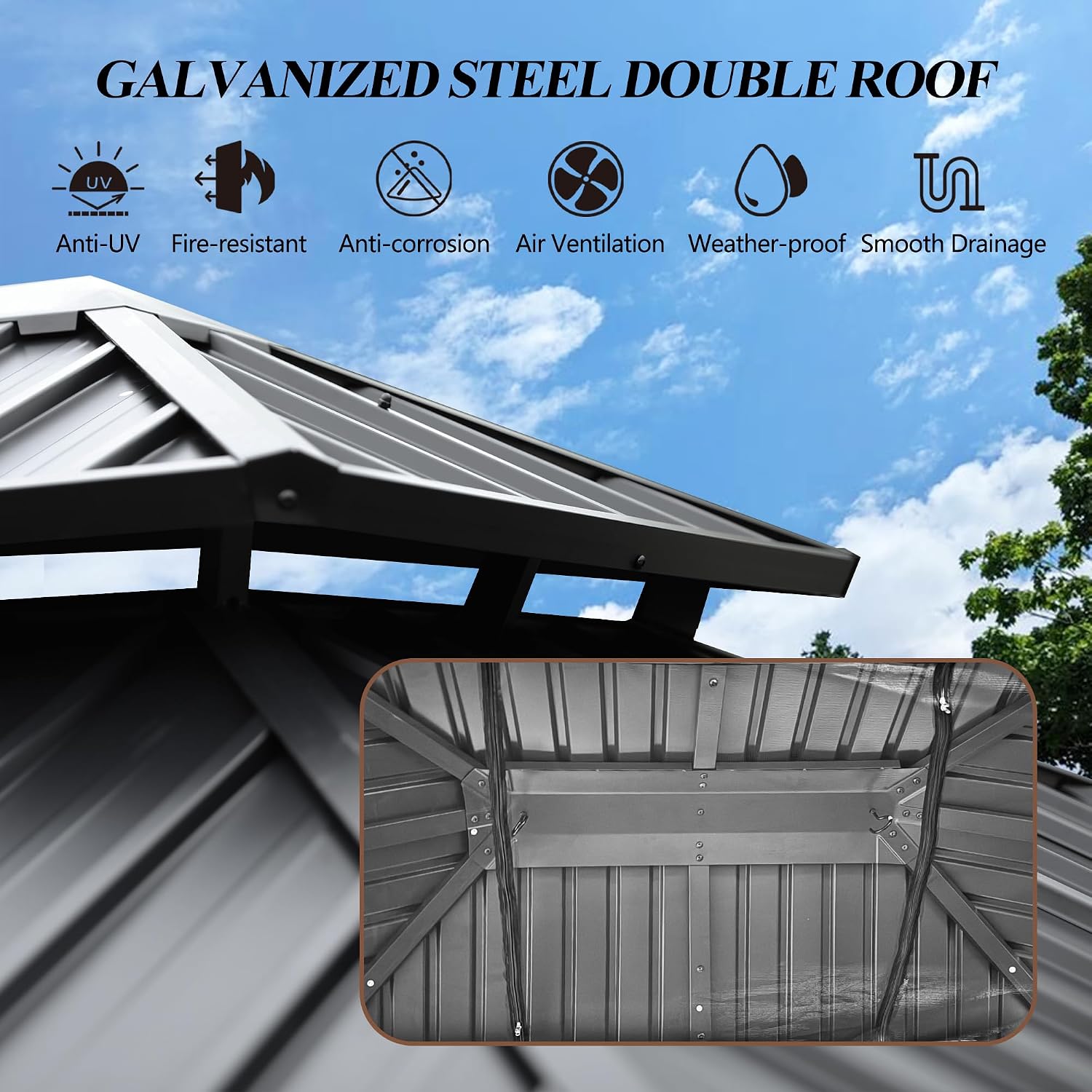 GARTOO 12' x 16' Outdoor Wood Gazebo - Permanent Wooden Hardtop Gazebo Pavilion with Double Curtains, Galvanized Steel Roof Cedar Wood Gazebos for Garden, Lawn, Poolside, Backyard Deck
