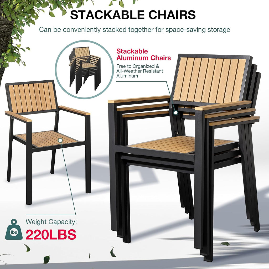 Pamapic 6-Piece Patio Dining Set，Outdoor Aluminum Furniture Set with Plastic-Wood Table Top,Outdoor Furniture Set with 4 Outdoor Stackable Chairs for Patio Garden Poolside (Teak)