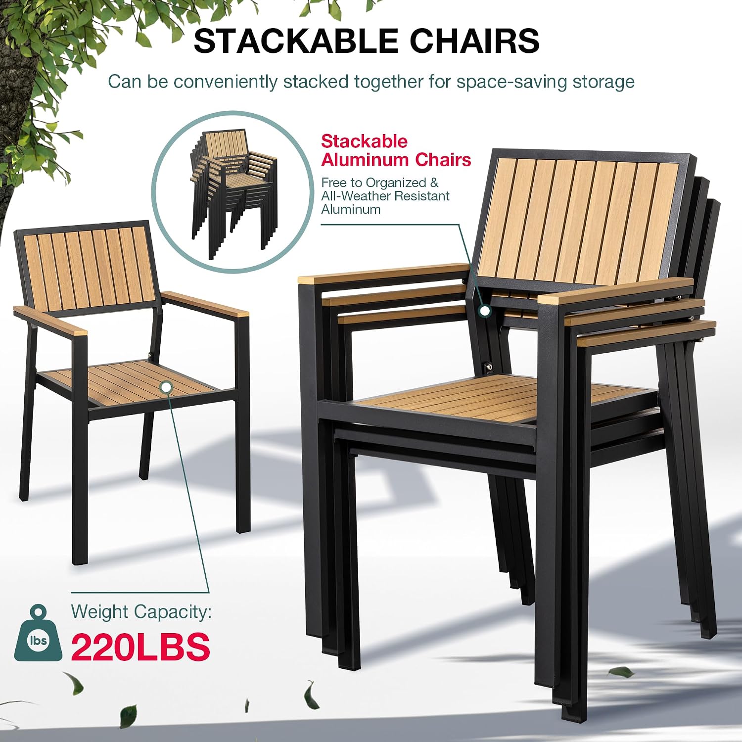 Pamapic 6-Piece Patio Dining Set，Outdoor Aluminum Furniture Set with Plastic-Wood Table Top,Outdoor Furniture Set with 4 Outdoor Stackable Chairs for Patio Garden Poolside (Teak)