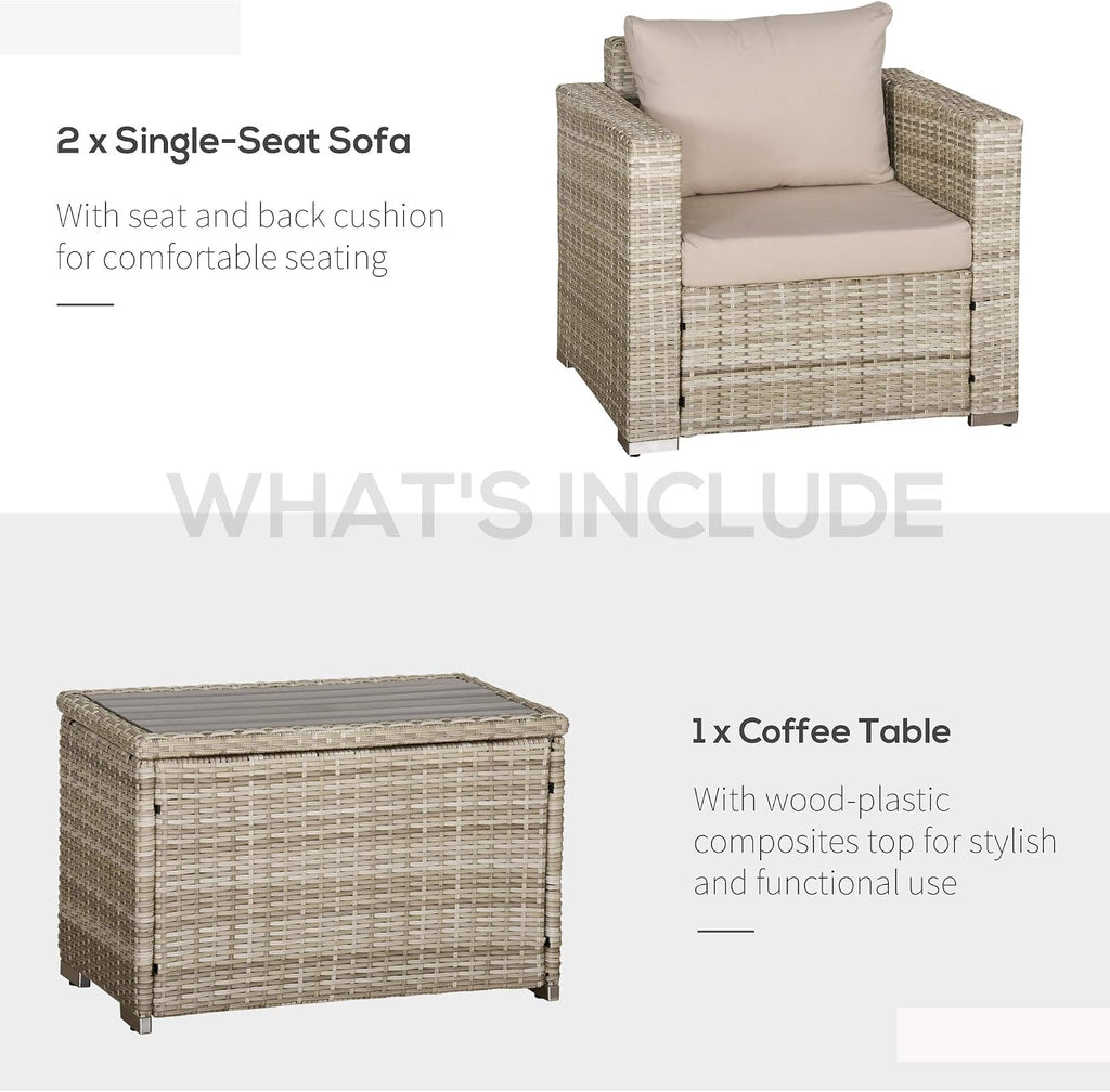 Outsunny 3 Piece Patio Furniture Set, PE Rattan Small Wicker Balcony Furniture, Table & Chairs with Cushions Composite Table, Conversation Set for Apartment, Gray