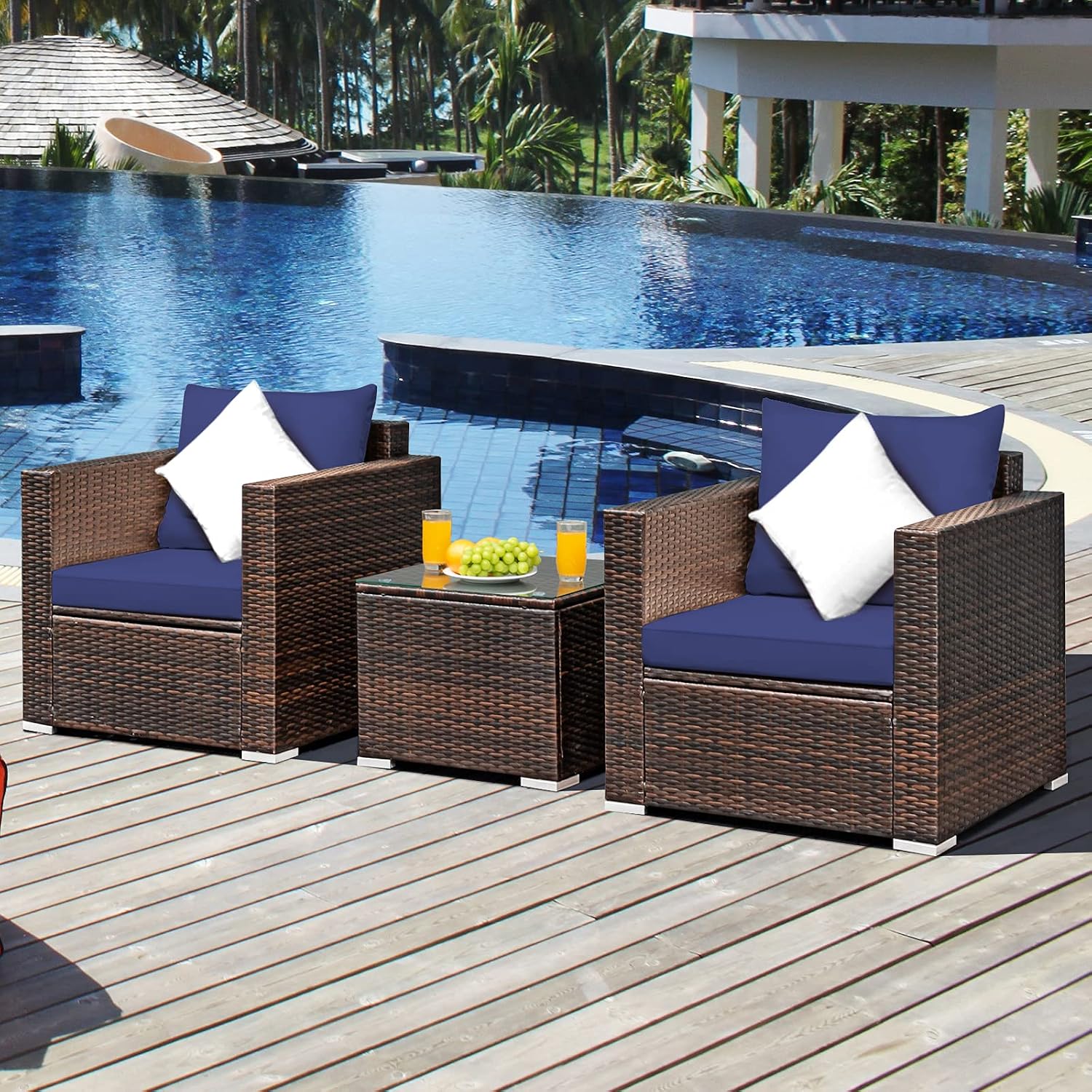 Tangkula 3 Pieces Patio Furniture Set, Outdoor Conversation Rattan Furniture Set w/Washable Cushion and Tempered Glass Tabletop, PE Rattan Wicker Sofa Set for Garden Poolside Balcony