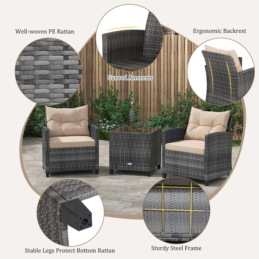 KOTEK 3 Piece Patio Furniture Set, Outdoor PE Rattan Conversation Set with Washable Cushions & Tempered Glass Tabletop, Wicker Chairs and Table Set for Porch, Garden, Balcony (Beige)
