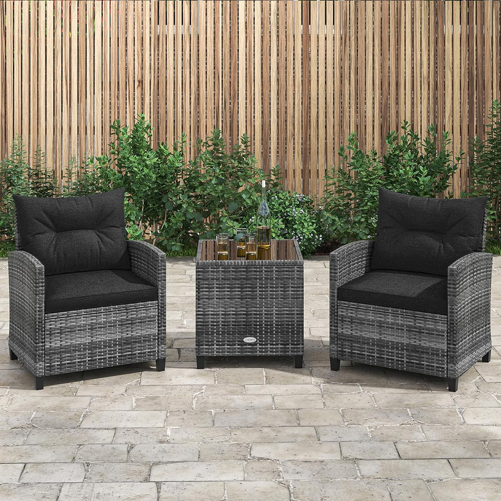 KOTEK 3 Piece Patio Furniture Set, Outdoor PE Rattan Conversation Set with Washable Cushions & Tempered Glass Tabletop, Wicker Chairs and Table Set for Porch, Garden, Balcony (Black)