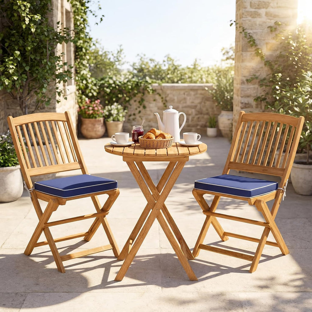 Giantex 3Pcs Patio Bistro Set, Wood Folding Table Set, 2 Cushioned Chairs for Garden Yard, Outdoor Furniture Round Table (Natural & Navy Blue)