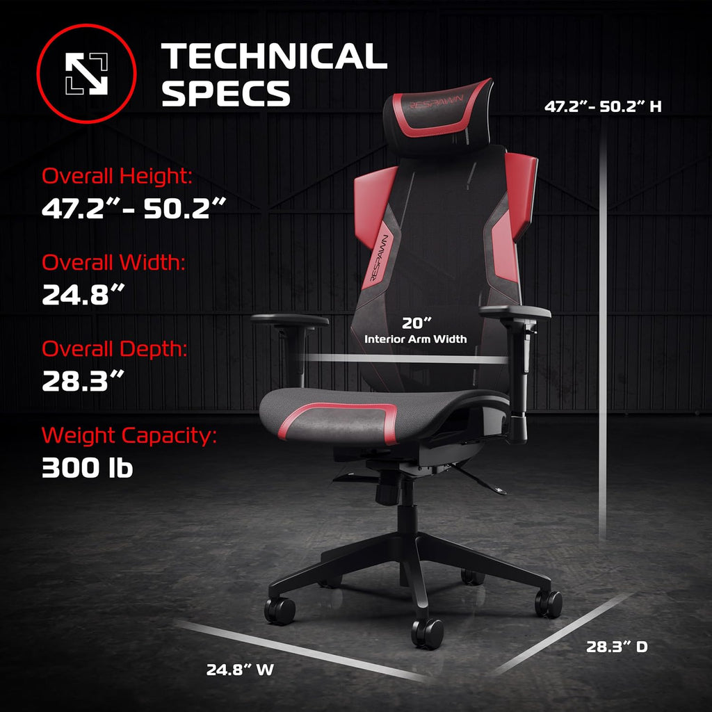 Respawn FLEXX Ergonomic Office and Gaming Chair with Lumbar Support - Breathable Mesh Recliner with Headrest & Adjustable Arms, Comfy Home Office Desk Chairs, Reclining Gaming Seat for Adults - Red