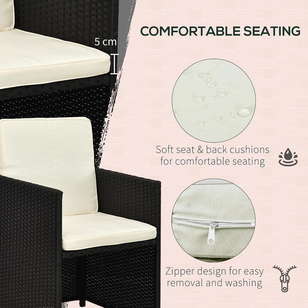 Outsunny 9 Pieces Outdoor Dining Set for 8, Space Saving Wicker Chairs and Square Glass Table with Cushions and Ottomans, Rattan Conversation Patio Furniture Set for Garden, Black/Cream White
