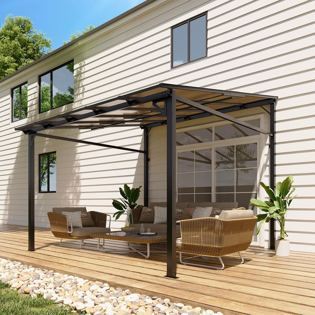Garvee 10x10 ft Outdoor Lean to Gazebo, Wall Mounted Patio Hardtop Gazebo Pergola with Polycarbonate Roof, Upgraded Steel Frame Hardtop Pavilion for Patio, Garden, Lawn, Deck