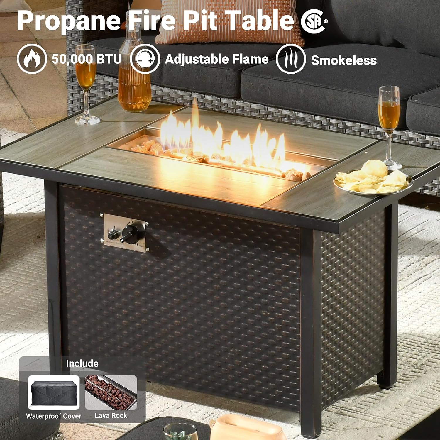 ovios 7 Pieces Patio Furniture Set with 42' Fire Pit Table, Outdoor Wicker Sofa with Swivel Chairs, All Weather High Back Rattan Couch Conversation Set, Black