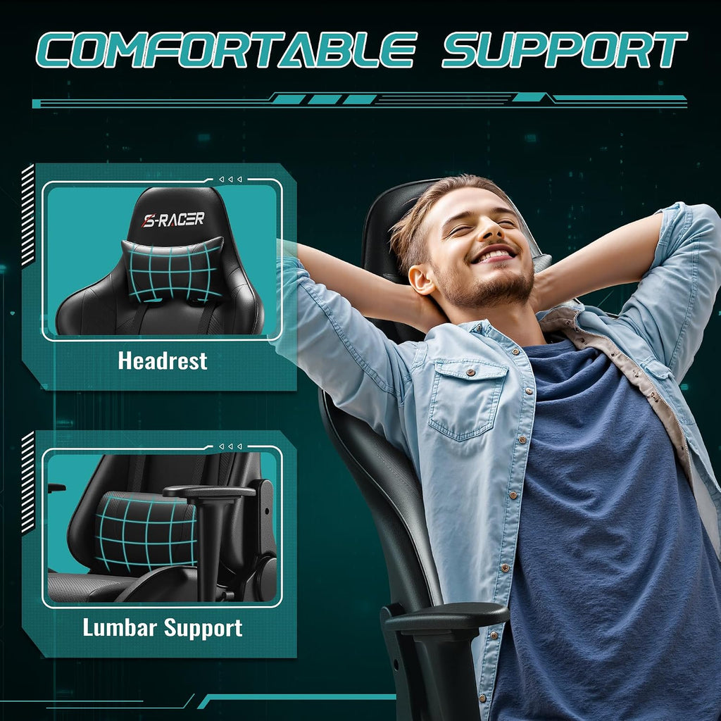 Furniwell Gaming Chair Racing Computer Chair Office Desk Chair Adjustable Swivel High Back Carbon Fiber Style Leather Executive Ergonomic Chair with Headrest and Lumbar Support (Black)