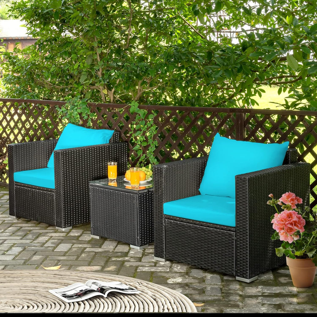 COSTWAY 3-Piece Outdoor Patio Furniture Set, Cushioned Armchairs and Tempered Glass Coffee Table, Wicker Rattan Sofa Set for Garden, Balcony, Backyard (Turquoise)