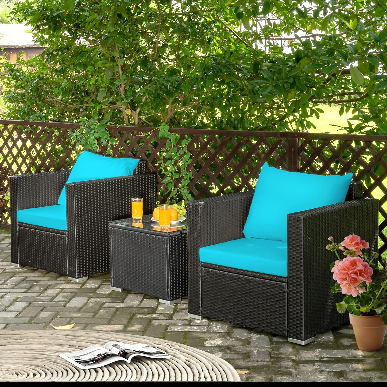 COSTWAY 3-Piece Outdoor Patio Furniture Set, Cushioned Armchairs and Tempered Glass Coffee Table, Wicker Rattan Sofa Set for Garden, Balcony, Backyard (Turquoise)
