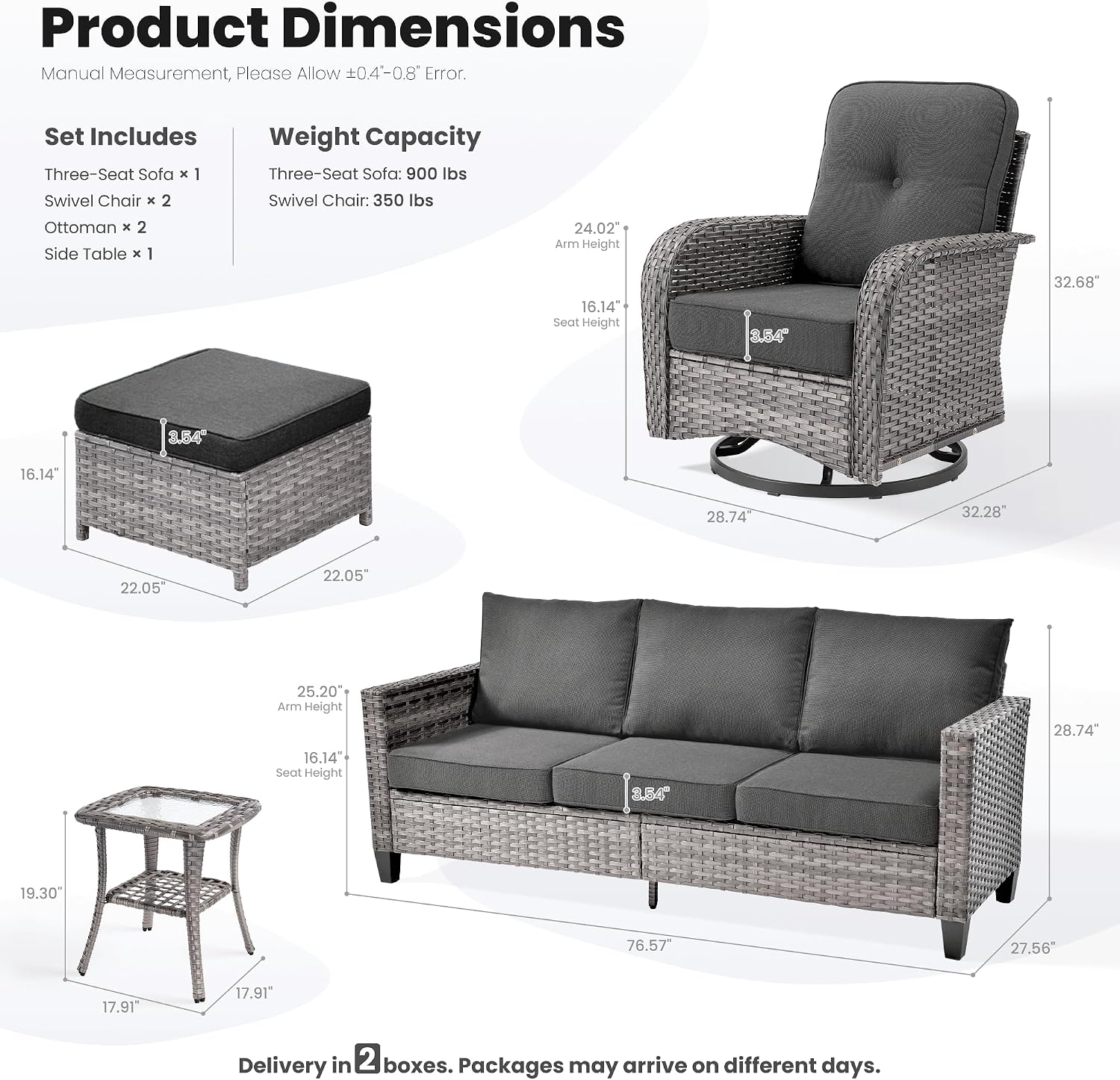ovios 6 Pieces Patio Furniture Set, Outdoor Wicker Sofa Couch with Rocking Swivel Chairs Comfy Cushions, Modern Deep Seat Rattan Conversation Sets for Deck Porch, Black