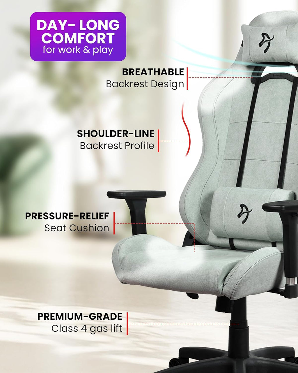 Arozzi Torretta Soft Fabric Gaming Chair, Breathable Fluid-Repellent Ergonomic Office Chair with Adjustable Height, 3D Armrest & 2 Supportive Pillows (Pearl Green)