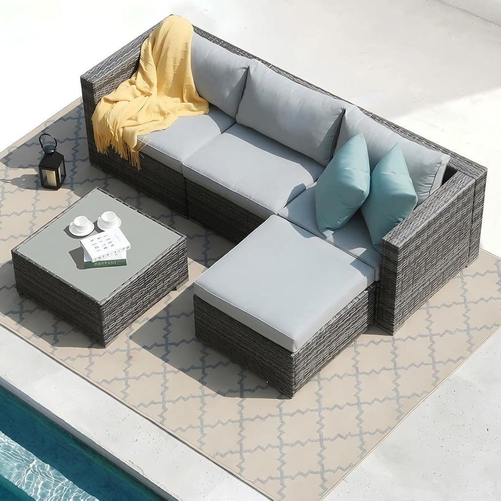 Patiorama 5 Piece Outdoor Patio Furniture Set, Sectional Conversation All-Weather Grey PE Wicker w/Light Cushions, Backyard Porch Garden Poolside Balcony Set