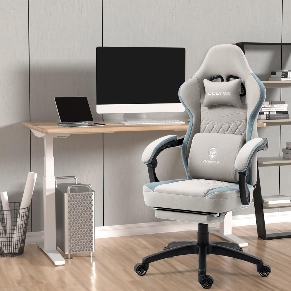 Dowinx Gaming Chair Breathable Fabric Game Chair with Gel Pad and Storage Bag, Comfortable Gamer Chair with Pocket Spring Cushion,Ergonomic Computer Chair with Footrest,Grey