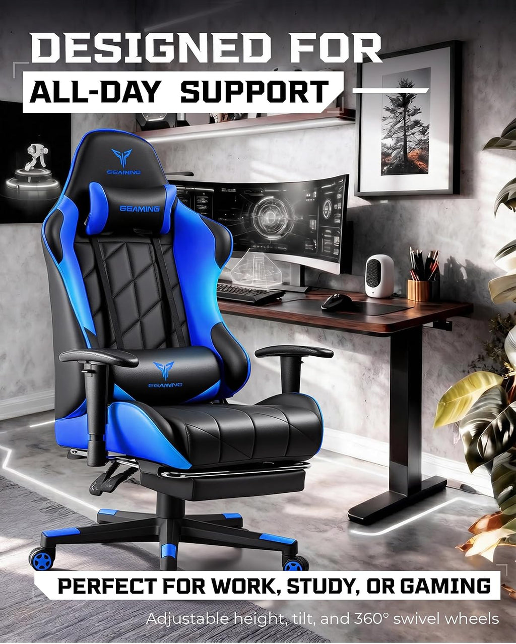 GTPLAYER Gaming Chair, Big and Tall Video Game Chair with High Back PU Leather, Home Office Ergonomic Computer Chair with Footrest, Adjustable Height, 360° Swivel Wheels for Adults and Teens