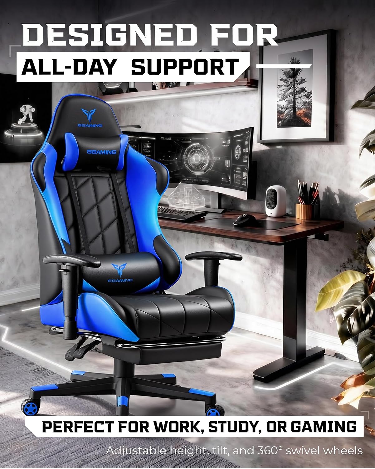 GTPLAYER Gaming Chair, Big and Tall Video Game Chair with High Back PU Leather, Home Office Ergonomic Computer Chair with Footrest, Adjustable Height, 360° Swivel Wheels for Adults and Teens