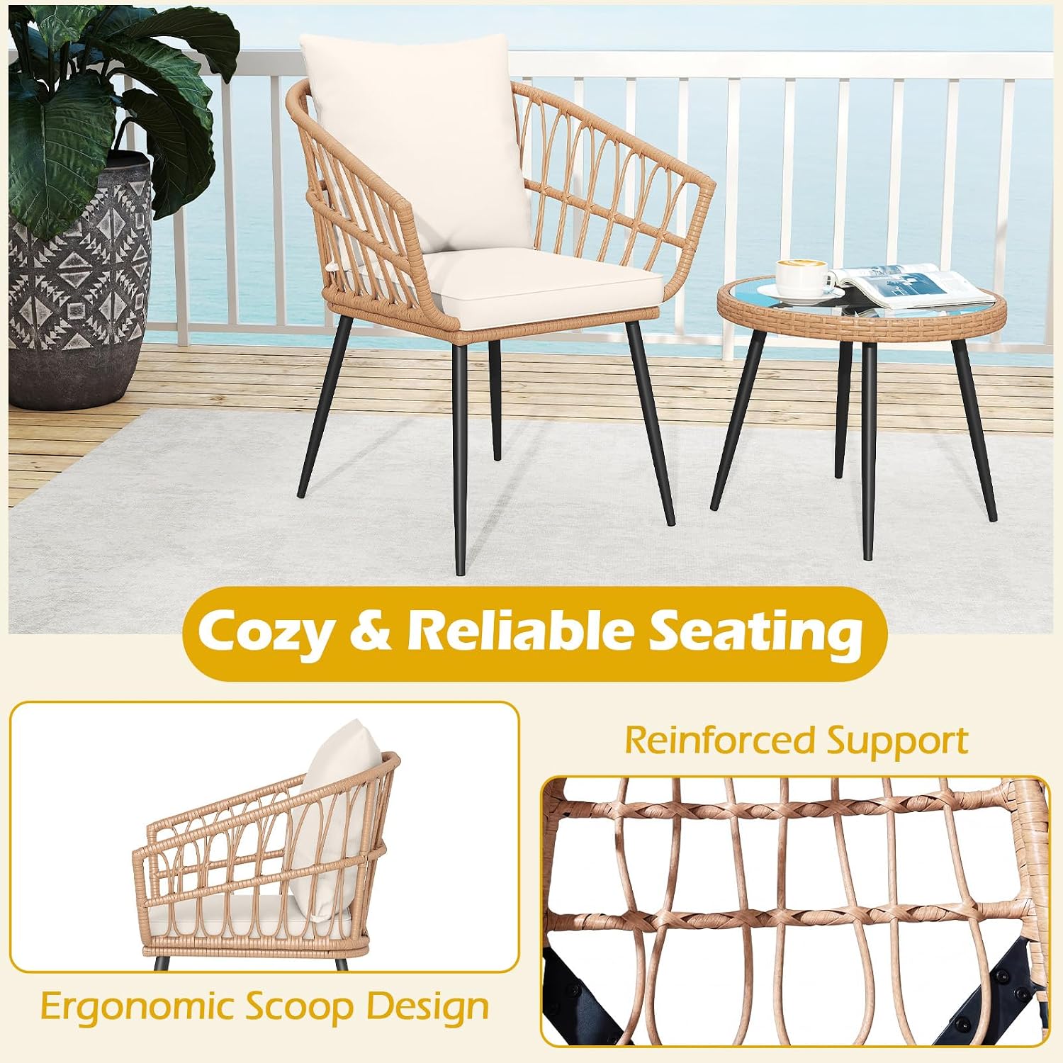 Tangkula 3 Piece Patio Bistro Set, PE Rattan Conversation Chairs with Round Glass Table & Soft Cushions, Outdoor Patio Furniture Set with Metal Frame for Balcony, Garden (Off White, 16.5 × 15.5 Inch)