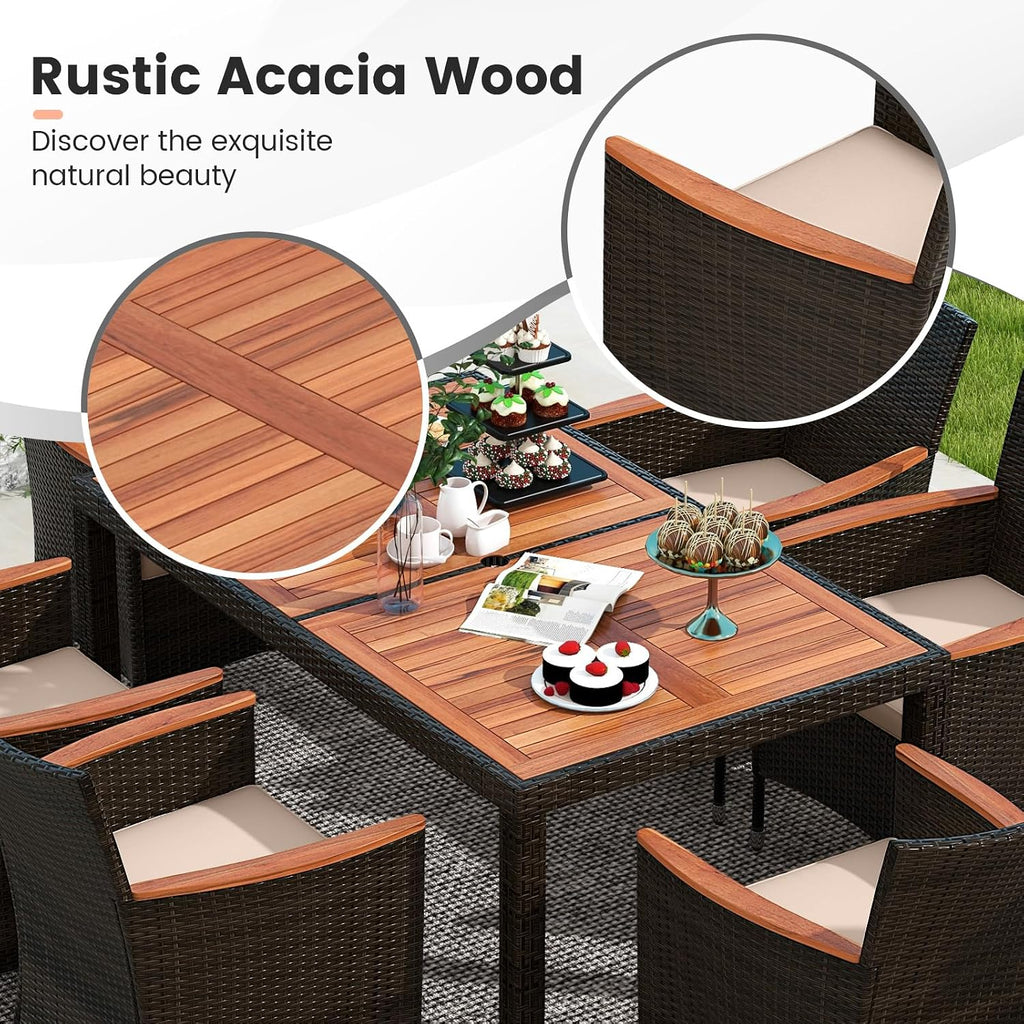 COSTWAY 7-Piece Patio Dining Set for 6, Outdoor Rattan Wicker Table and Chairs Furniture Set with Umbrella Hole, Acacia Wood Tabletop for Backyard, Balcony, Poolside, Brown & Beige